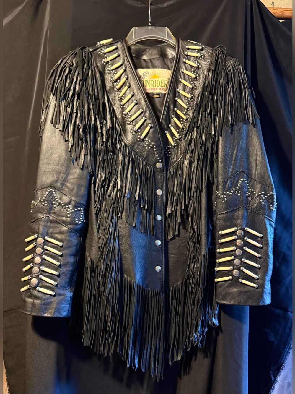 Set -Sunriders Western Leather Fringe Jacket and Chaps with Bone-Style Accents